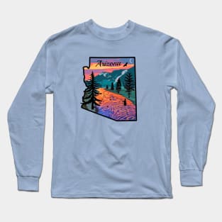 Fly Fishing Arizona State Map Mountain Sunset River Retro Long Sleeve T-Shirt